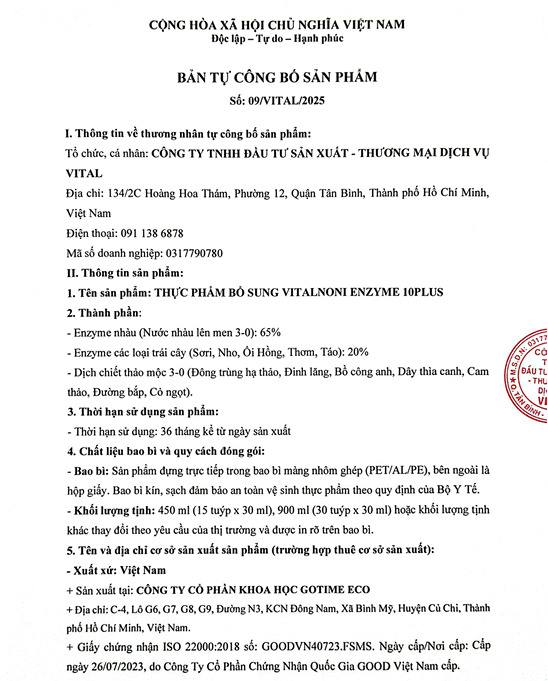 CHỨNG NHẬN SẢN PHẨM ENZYME 10PLUS