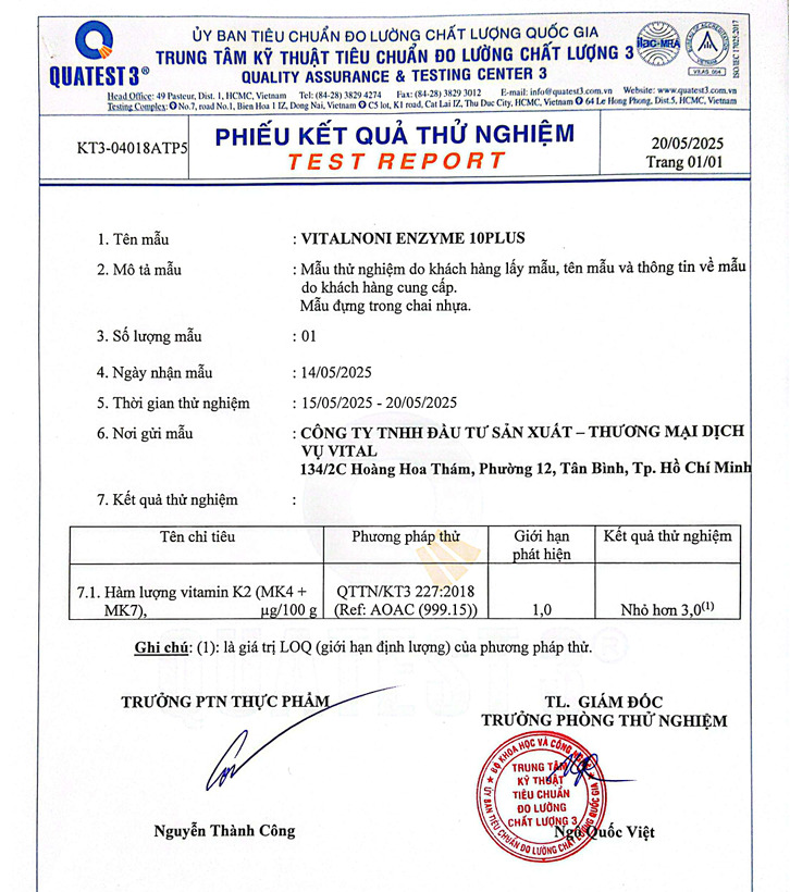 CHỨNG NHẬN SẢN PHẨM ENZYME 10PLUS