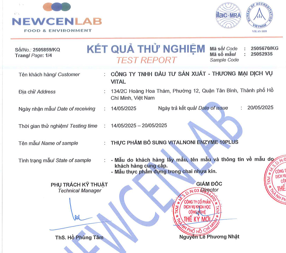 CHỨNG NHẬN SẢN PHẨM ENZYME 10PLUS
