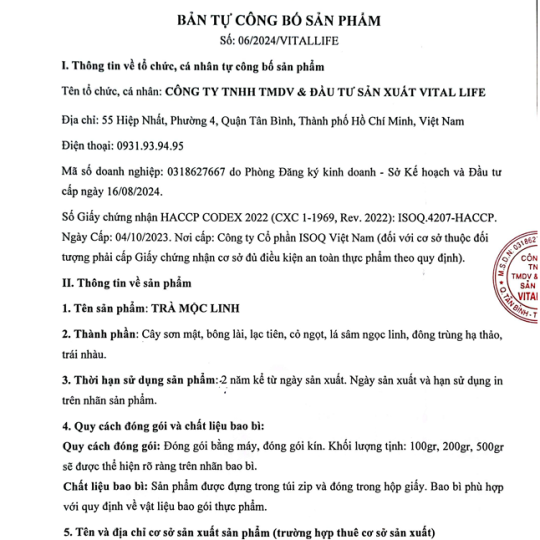 TRÀ MỘC LINH VITAL
Gói 100gr