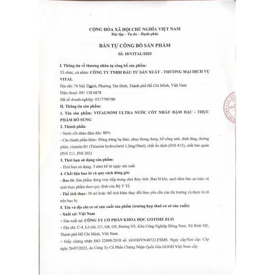 VITALNONI ULTRA - Nước Cốt Nhàu Đậm Đặc