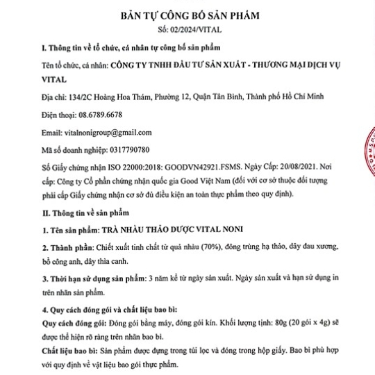 TRÀ NHÀU THẢO DƯỢC VITALNONI
Hộp 20 gói x 4gr/gói